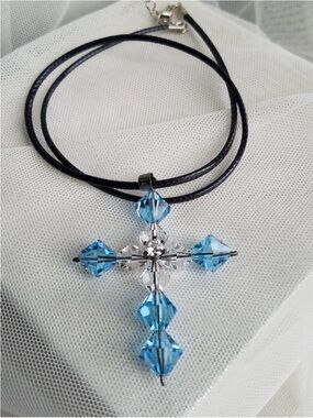 Swarovski Elements Large Aquamarine Cross Pendant Necklace on Black Cotton Cord